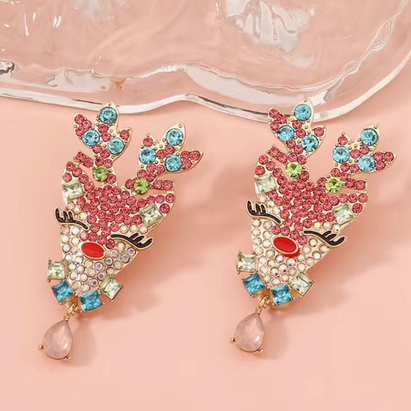 NWT Pink Christmas Reindeer Jeweled Hypoallergenic Earrings. - Picture 3 of 10